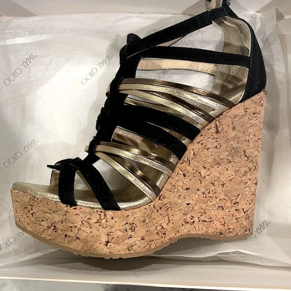 Jimmy Choo SUEDE/NAPPA/MIRROR BLACK Wedge - STYLE 121PEKABO Cork Wedges - Picture 7 of 9